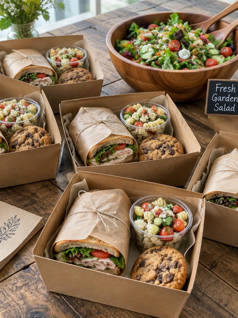 Boxed lunches with sandwiches, pasta salad and cookies beside a garden salad