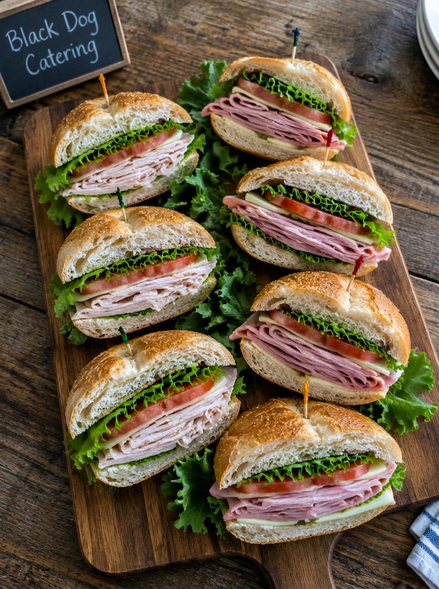 Catering tray of deli sandwiches on rolls